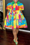 Meerkleurige casual print patchwork jurk met ronde hals en korte mouwen
