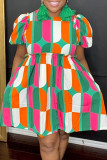 Vestido de manga corta con cuello en O de patchwork con estampado informal en color