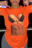 T-shirts à col rond en patchwork d'impression quotidienne sexy orange