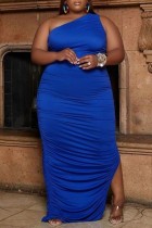 ブルー セクシー カジュアル ソリッド バックレス スリット フォールド オブリーク カラー ロング ドレス プラス サイズ ドレス