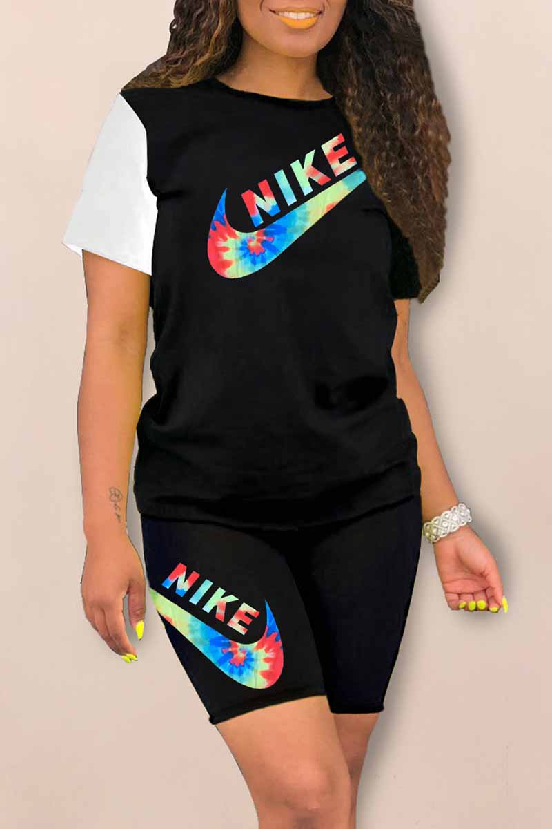 

Black Casual Print Letter O Neck Short Sleeve Two Pieces