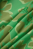 Green Casual Print Patchwork Buckle Turndown Collar Tops