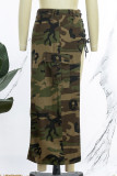 Camouflage-Street-Print Camouflage-Print Patchwork-Schlitz Asymmetrische High Waist Straight Full Print Bottoms