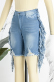 Short en jean droit taille haute patchwork déchiré à pampilles solides bleu clair