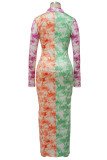 Gradient Färg Casual Street Gradvis Change Print Spänne Kontrast V-hals omslagna kjolklänningar