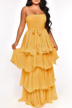 Vestido largo elegante amarillo sólido vendaje patchwork volante correa de espagueti Vestidos