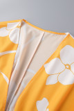 Collo cardigan patchwork stampa casual giallo tre quarti tre pezzi
