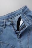 Pantaloncini di jeans a vita alta con patchwork tinta unita color azzurro cielo