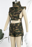 Army Green Casual Camouflage Print Patchwork Turtleneck Sleeveless Two Pieces (Without Belt)