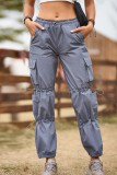 Pantalones casuales de color liso convencional de cintura alta con cordón de dibujo sólido gris