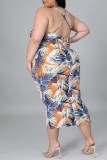 Earth Yellow Sexy Casual Print Backless O Neck Sling Dress Plus Size Dresses