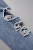 Light Blue Casual Solid Patchwork Turndown Collar Long Sleeve Regular Distressed Ripped Cropped Denim Jacket