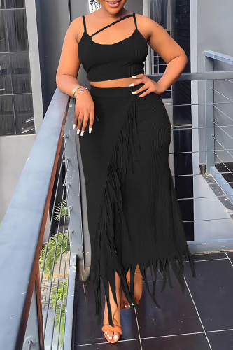 Black Sexy Solid Tassel Patchwork Spaghetti Strap Sleeveless Two Pieces