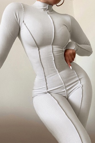White Casual Solid Patchwork Basic Turtleneck Skinny Jumpsuits