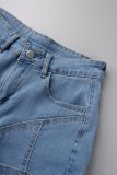 Shorts jeans de cintura alta com patchwork sólido Sky Blue Street