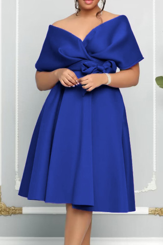 Royal blu elegante patchwork solido con abiti da sera con scollo a V e fiocco