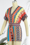 Colour Casual Print Patchwork V Neck Straight Rompers