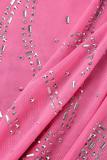Roze sexy patchwork effen hete boren rugloze spaghettibandjes onregelmatige jurkjurken