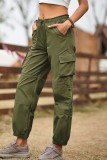 Calças casuais lisas com cordão regular verde militar cintura alta convencional de cor sólida