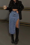 Zwarte casual effen skinny jeansrok met hoge taille en split
