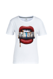 Blanco Casual Street Lips Impreso Patchwork O Cuello Camisetas