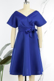 Royal Blue Elegant Solid Patchwork med rosett V-ringad aftonklänning