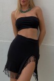 Black Sexy Solid Color Tassel Stitching High Waist Tight Skirt