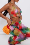 Multicolor Sexy Casual Print Bandage Backless Halter Mouwloos Two Pieces