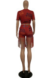 Red Casual Street Print Tassel O Neck Short Sleeve Two Pieces