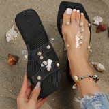 Schwarze, lässige, quadratische, bequeme Schuhe mit Patchwork-Perlenmuster