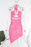 Vestido irregular de tirantes de espagueti sin espalda perforado en caliente sólido de retazos sexy rosa Vestidos