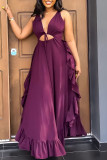 Фиолетовое сексуальное сплошное выдолбленное платье в стиле пэчворк с оборками на тонких бретелях
