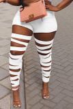 Pantalon décontracté solide patchwork skinny taille haute crayon couleur unie blanc