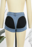Pantalones cortos de mezclilla de cintura alta de patchwork sólido azul cielo Street