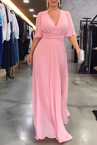 Pink Casual Solid Patchwork V Neck Long Dress Dresses
