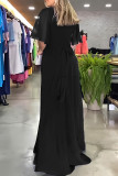 Черное повседневное однотонное длинное платье в стиле пэчворк с V-образным вырезом Платья