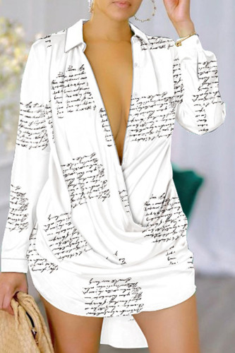 White Sexy Casual Elegant Print Buttons V Neck Shirt Dress Dresses