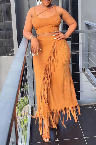 Orange Sexy Solid Tassel Patchwork Spaghetti Strap Sleeveless Two Pieces