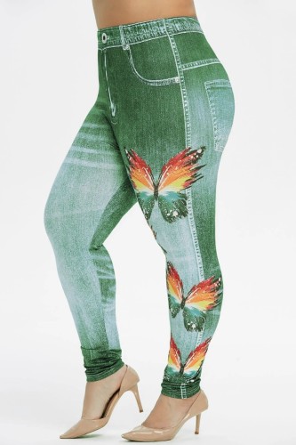 Green Casual Print Basic Skinny High Waist Pencil Full Print Trousers