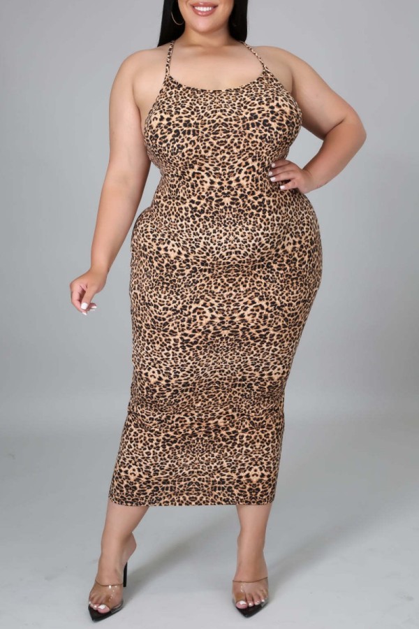 Леопардовый принт Сексуальное повседневное платье с открытой спиной и круглым вырезом на бретелях Платья больших размеров