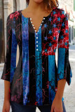 Blue Red Casual Print Patchwork Buttons V Neck Tops