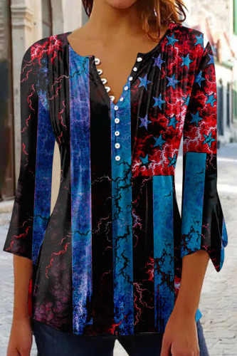 Blue Black Casual Print Patchwork Buttons V Neck Tops