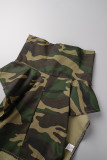 Army Green Casual Camouflage Print Patchwork Turtleneck Sleeveless Two Pieces (Without Belt)
