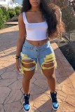 Yellow Casual Solid High Waist Distressed Ripped Skinny Denim Shorts