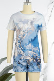 Water Blue Casual Street Print Patchwork O Neck Two Pieces