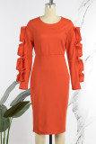 Tangerine Red Elegant Solid Patchwork Stringy Selvedge O Neck One Step Skirt Jurken
