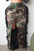 Камуфляжная повседневная юбка в стиле пэчворк с камуфляжным принтом и кисточками, с разрезом, с высокой талией
