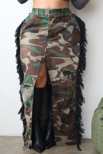 Camouflage Casual Camouflage Print Tassel Patchwork Slit Regular High Waist Conventional Patchwork Skirt