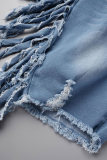 Hellblaue, einfarbige, zerrissene Patchwork-Jeansshorts mit hoher Taille und Quaste