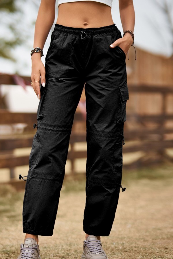 Calças pretas casuais sólidas com cordão regular cintura alta convencional de cor sólida